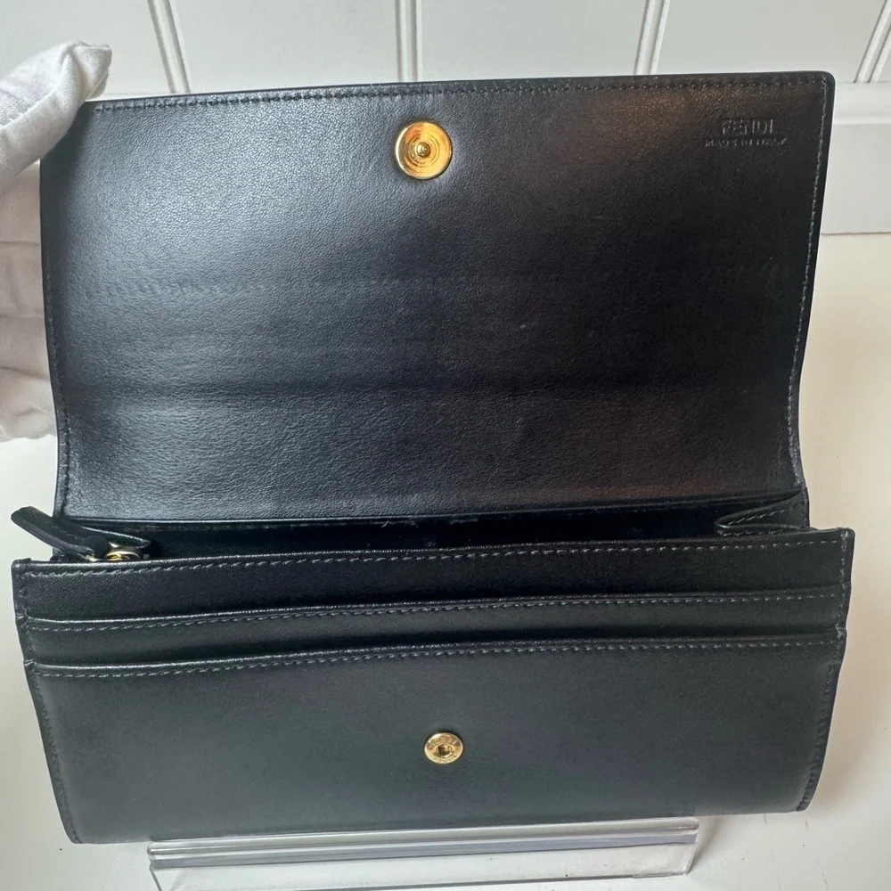 Fendi Women’s Black Long Leather Wallet with Gold Accent